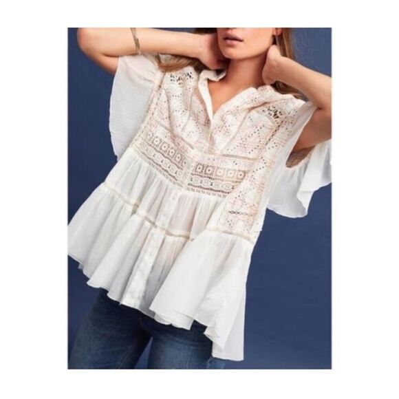 Anthropologie Akemi + Kin Lindy Popover Top Eyelet Embroidery White Pink Flowy S - Picture 2 of 15